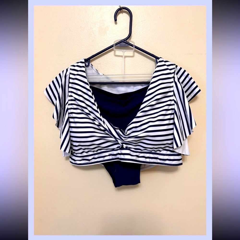 Striped Navy and White Women's Plus Bikini - Picture 1 of 9